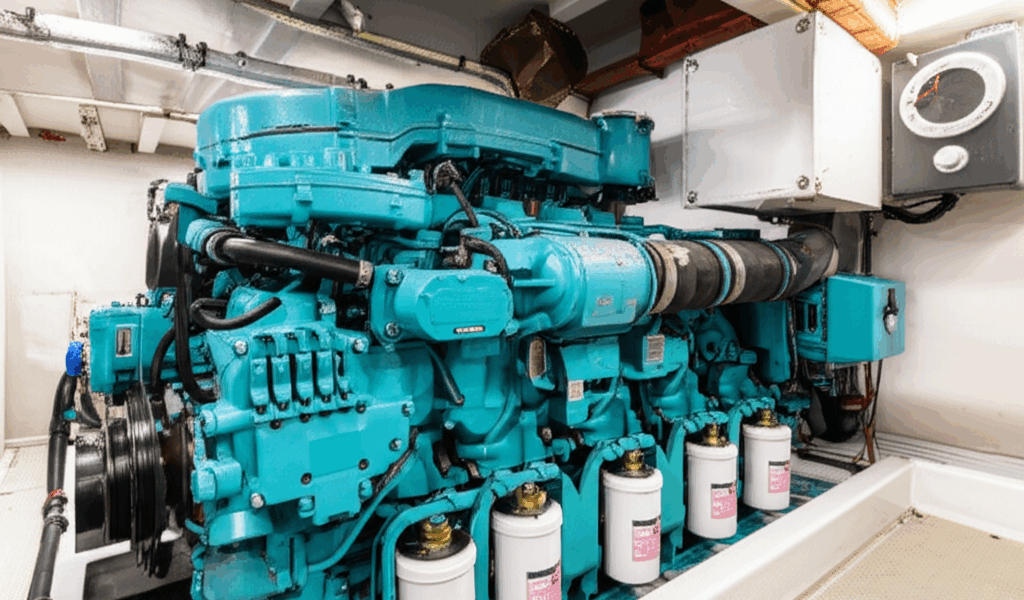 Marine diesel engine in boat engine room