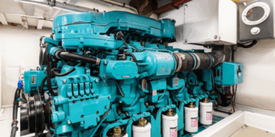 Marine diesel engine in boat engine room