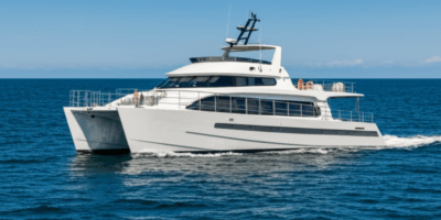 Modern catamaran trawler cruising