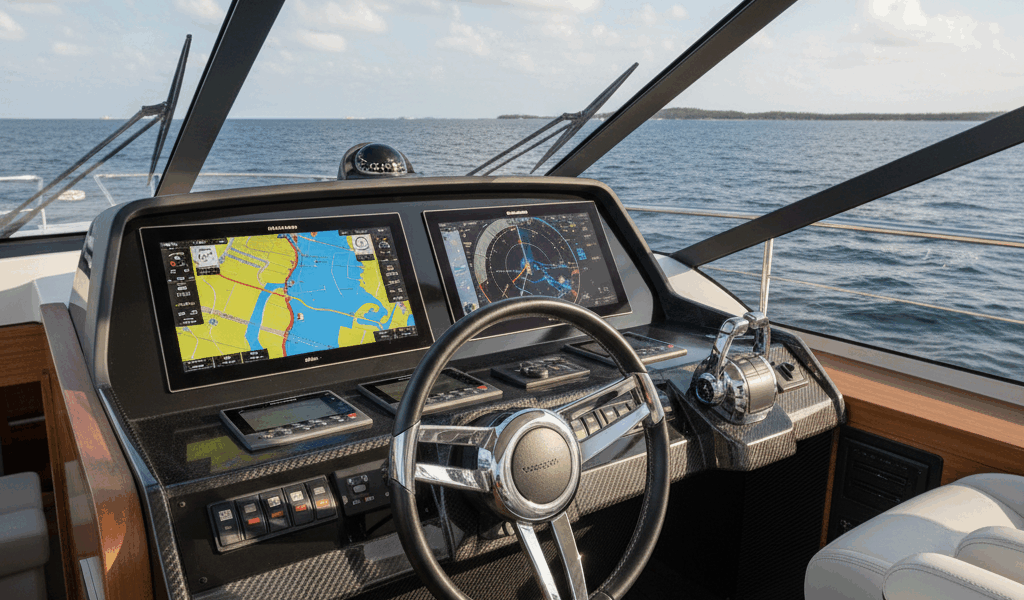 Boat helm with autopilot system and navigation electronics