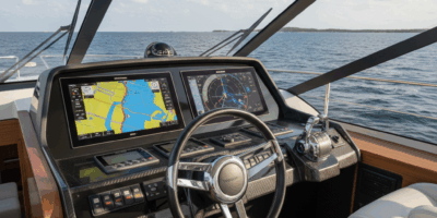 Boat helm with autopilot system and navigation electronics