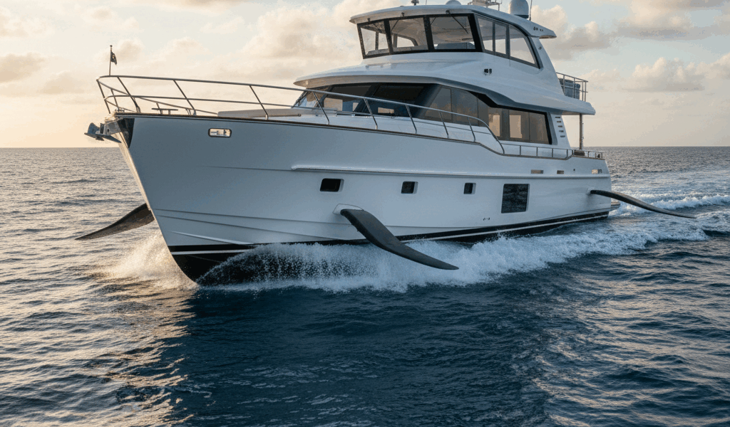 Yacht stabilizer system on trawler in ocean