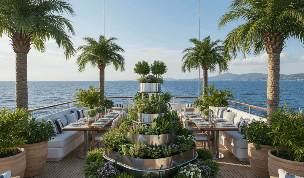Yacht deck with potted plants and greenery